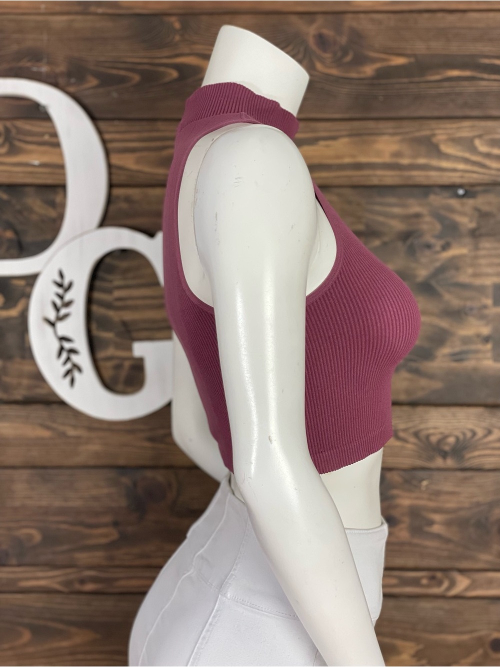 Bozzolo Ribbed Mock Neck Crop Top Mauve Pink Purple Sleeveless SM71865 - Picture 6 of 7